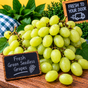 Fresh Green Seedless Grapes displayed on rustic wood