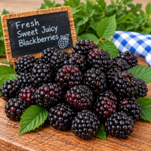 Fresh Sweet Juicy Blackberries displayed on rustic wood with green leaves