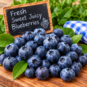 Fresh Sweet Juicy Blueberries displayed on rustic wood with green leaves
