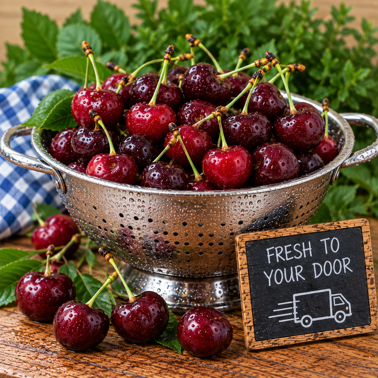 Fresh Sweet Juicy Cherries freshly washed in a metal colander