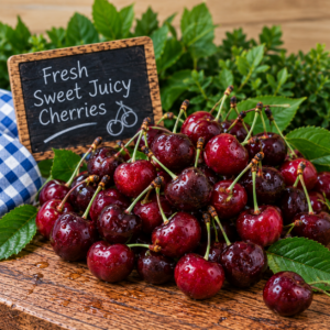 Fresh Sweet Juicy Cherries displayed on rustic wood with green foliage