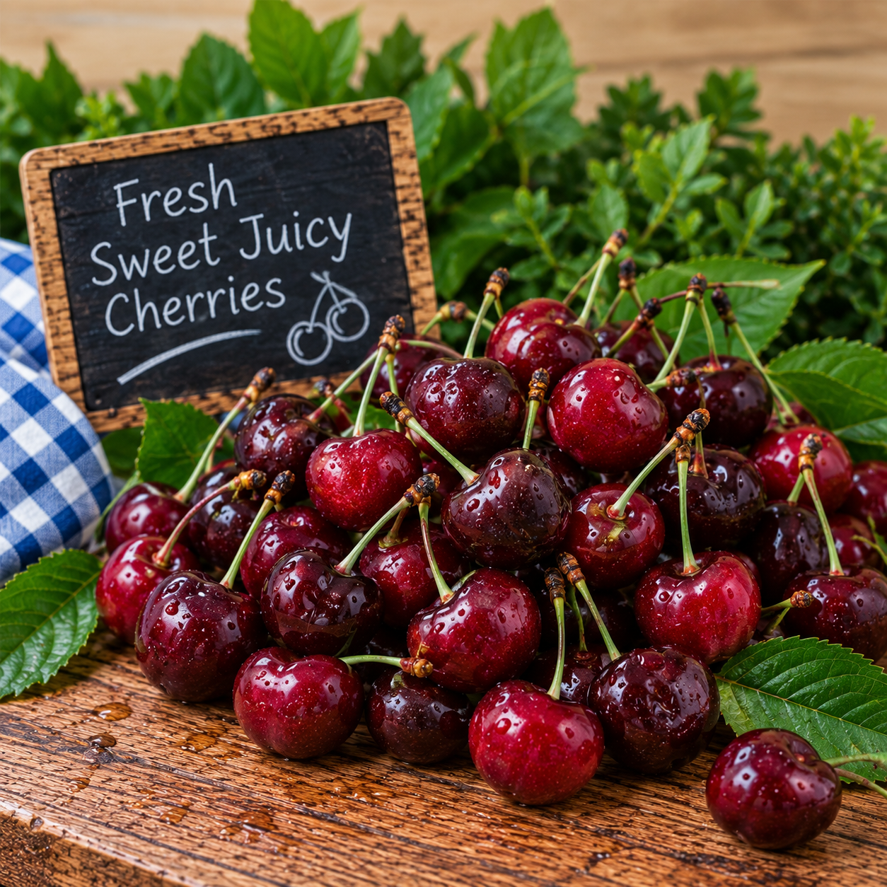Fresh Sweet Juicy Cherries displayed on rustic wood with green foliage