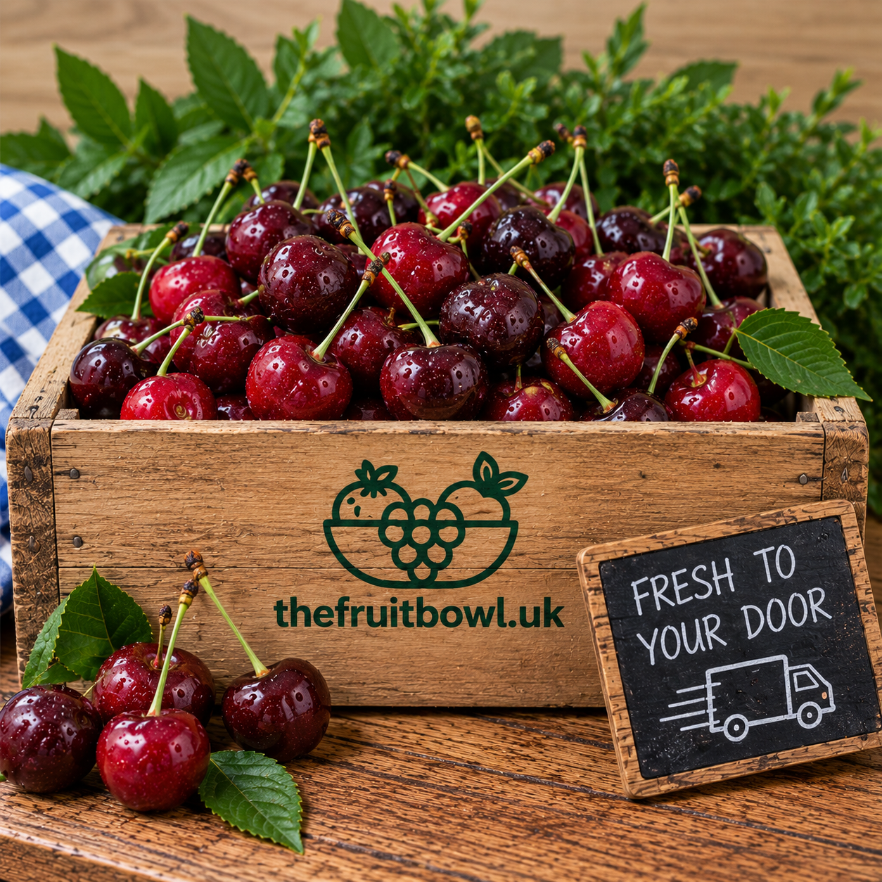 Fresh Sweet Juicy Cherries displayed in The Fruit Bowl wooden market crate