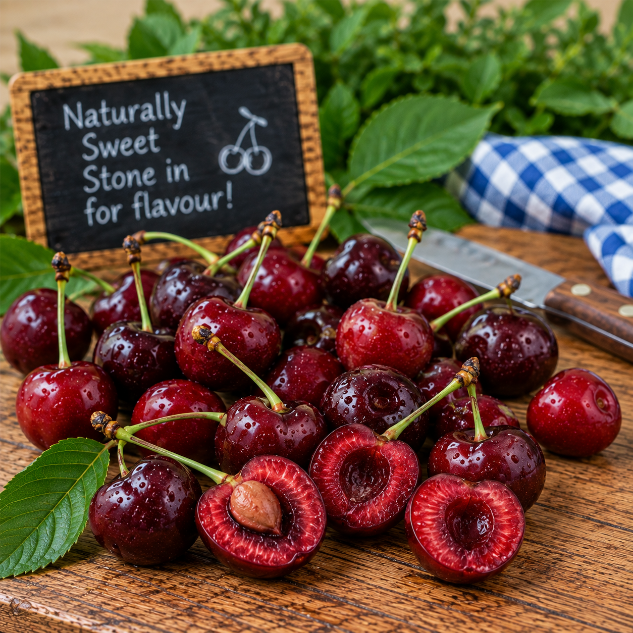 Fresh Sweet Juicy Cherries whole and cut open showing their juicy red flesh and stones