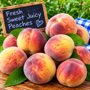 Fresh Sweet Juicy Peaches displayed on rustic wood with green leaves
