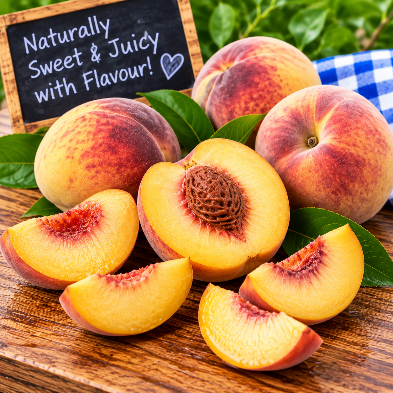 Fresh Sweet Juicy Peaches whole and cut open showing their golden juicy flesh and stone