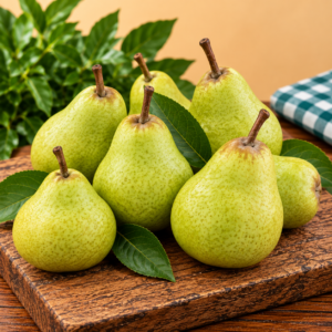 Fresh Sweet William Pears with green speckled skin displayed on rustic wood