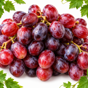 Bunches of red and purple grapes on a white background with green leafy corners.
