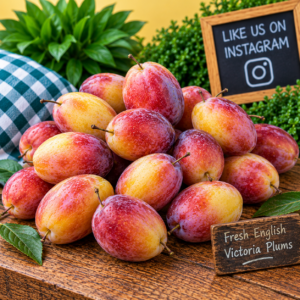 Fresh English Victoria Plums displayed on rustic wood