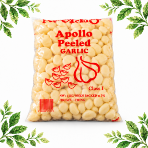 A clear 1kg bag of Apollo peeled garlic cloves with red packaging print, on a white background with green leafy corners.
