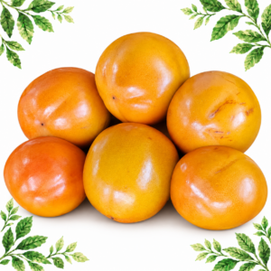 Orange kaki fruit with green-brown leafy tops on a white background with green leafy corners.