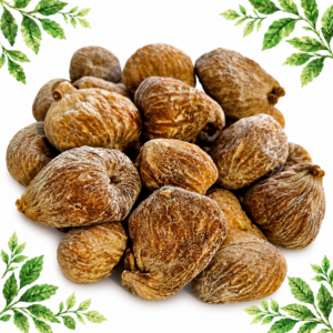 A pile of brown whole dried figs with wrinkled skins on a white background with green leafy corners.
