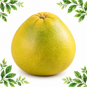One whole yellow-green pomelo on a white background with green leafy corners