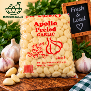 Fresh Apollo Peeled Garlic 1kg pack displayed on rustic wood