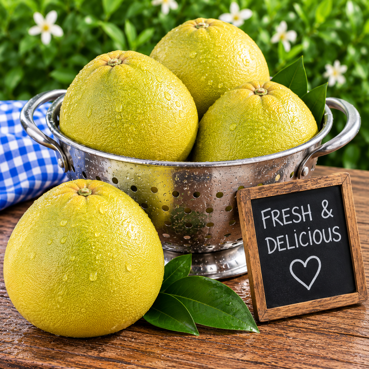 Fresh Sweet Juicy Pomelo freshly washed in a metal colander