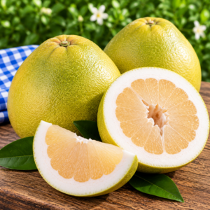 Fresh Sweet Juicy Pomelo whole and cut open showing its pale juicy flesh