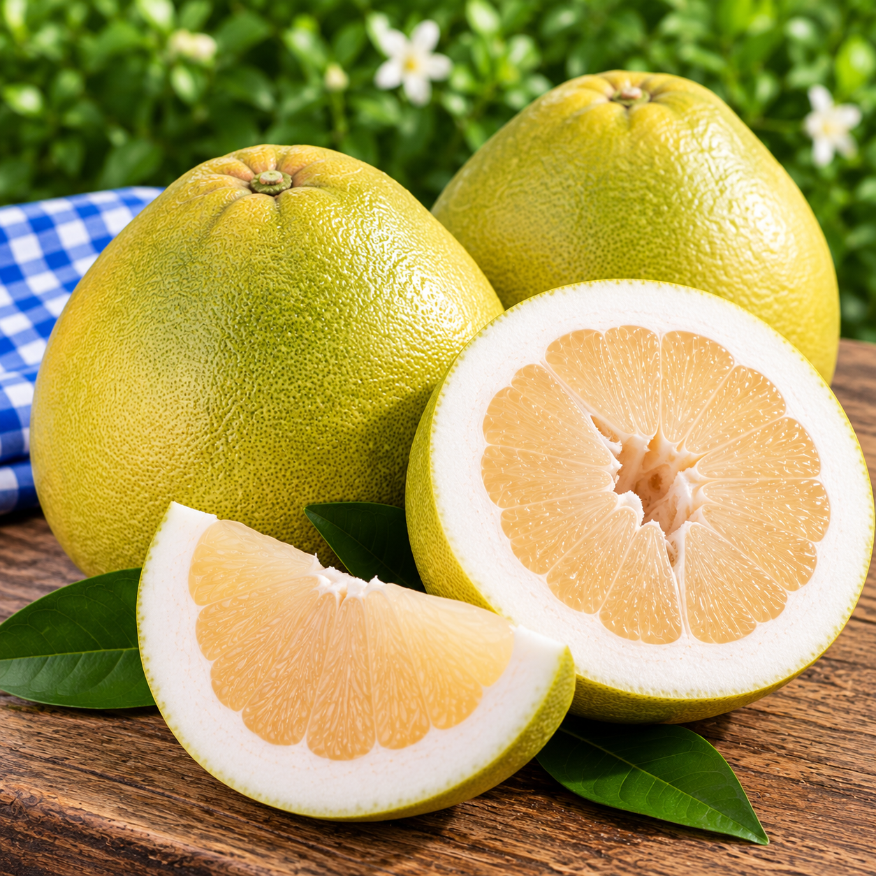Fresh Sweet Juicy Pomelo whole and cut open showing its pale juicy flesh