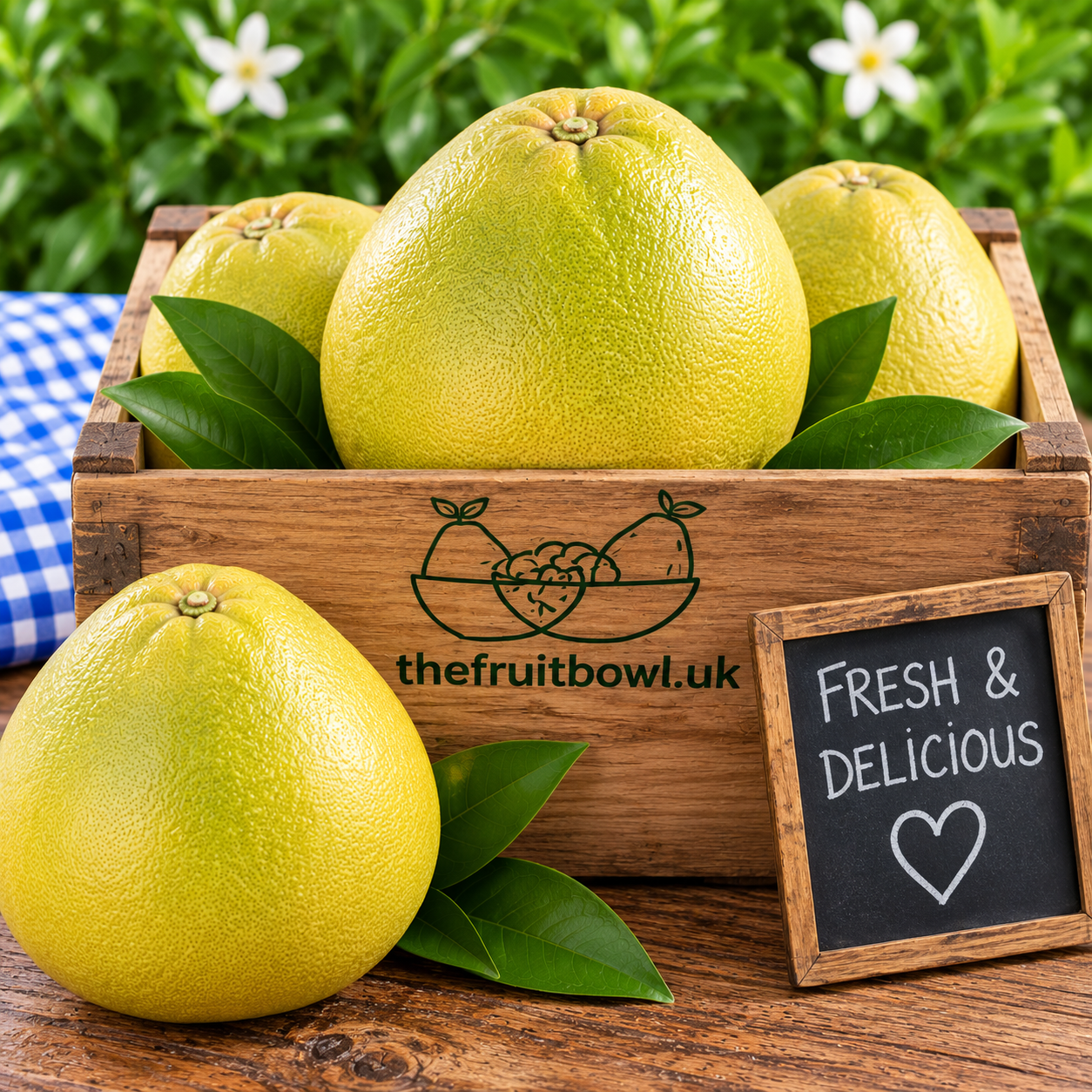 Fresh Sweet Juicy Pomelo displayed in The Fruit Bowl wooden market crate