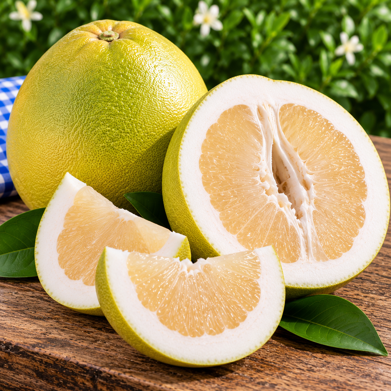 Fresh Sweet Juicy Pomelo whole and cut open showing thick white pith and pale juicy flesh