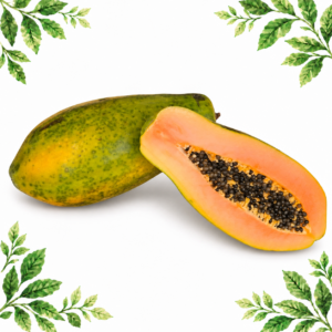 A whole papaya beside a cut half showing orange flesh and black seeds, on a white background with green leafy corners.