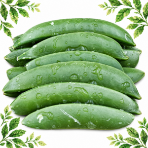 Green sugar snap pea pods with water droplets on a white background with green leafy corners.