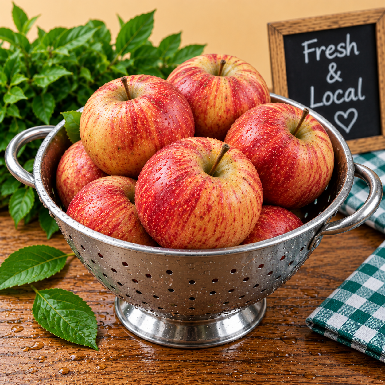 Fresh Royal Gala Apples freshly washed in a metal colander