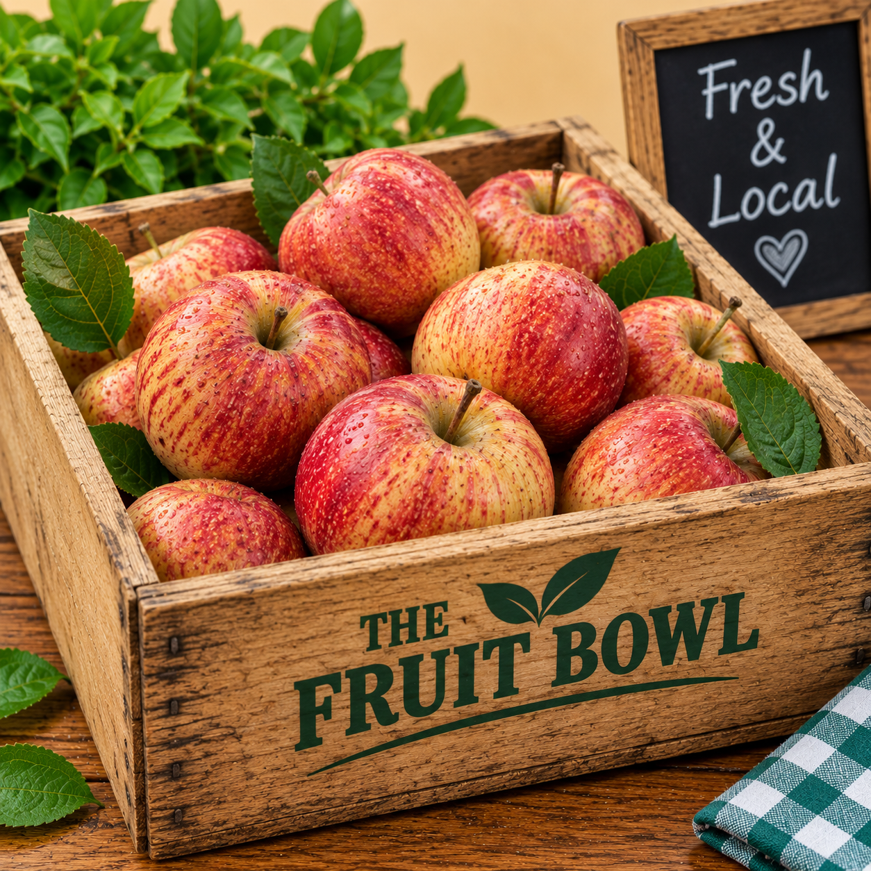 Fresh Royal Gala Apples displayed in The Fruit Bowl wooden market crate