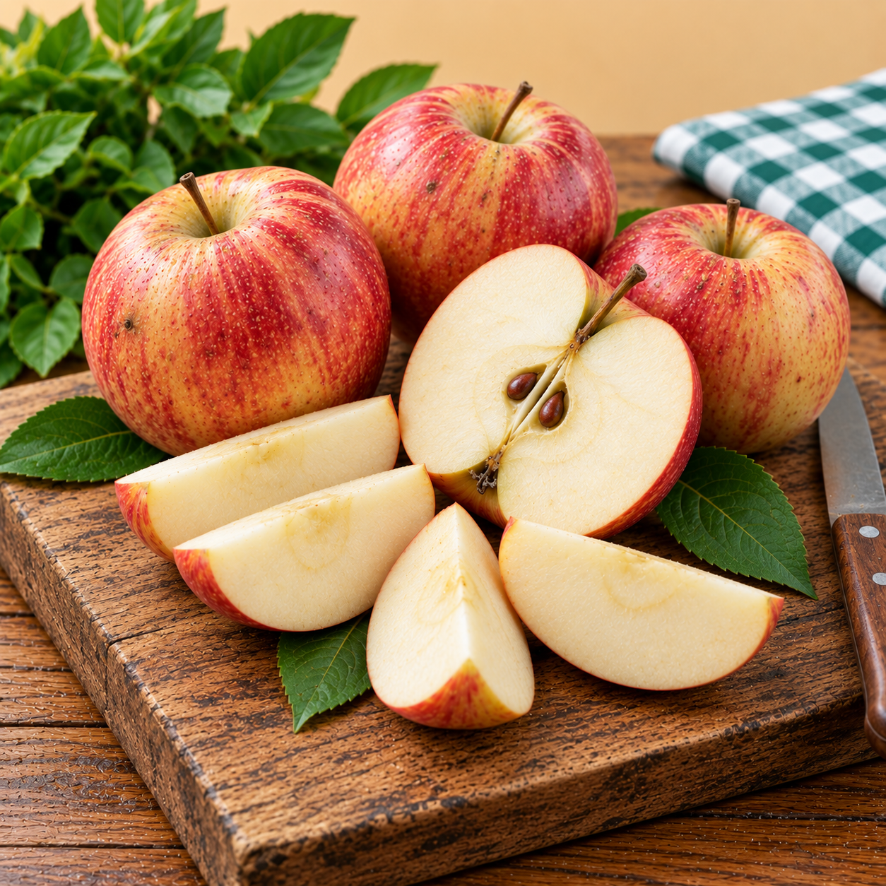 Fresh Royal Gala Apples whole and cut into slices showing crisp pale flesh