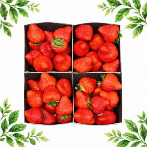 A cardboard punnet of red strawberries on a white background with green leafy corners.
