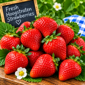 Fresh Hoogstraten Strawberries displayed on rustic wood with green leaves