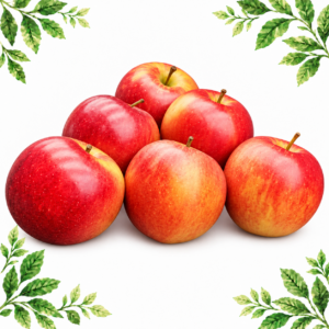 Six red-and-yellow apples on a white background with green leafy corners.