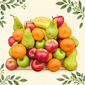 The Everyday Essentials Fruit Box with red and green apples, pears, oranges and bananas on a wooden board against a cream leafy background.