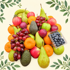 The Greengrocer’s Best Buy Fruit Box with apples, pears, oranges, bananas, red grapes, avocados and blueberries on a cream leafy background.