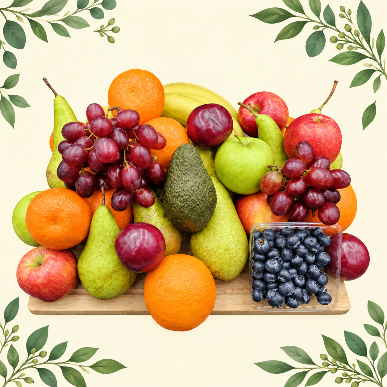 The Mighty Fruit Box with apples, pears, oranges, bananas, red grapes, plums, blueberries and an avocado on a cream leafy background.
