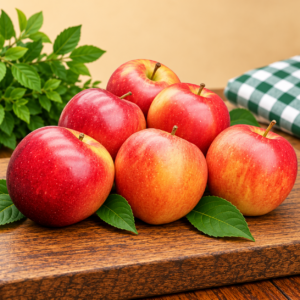 Fresh red and golden apples displayed on rustic wood with green foliage