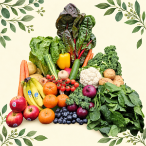 The Grand Harvest Box with mixed fruit, vegetables and leafy greens on a cream leafy background