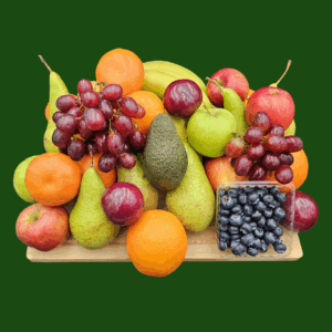 Mighty fruit box with bananas, apples, pears, oranges, grapes, plums, blueberries and avocado