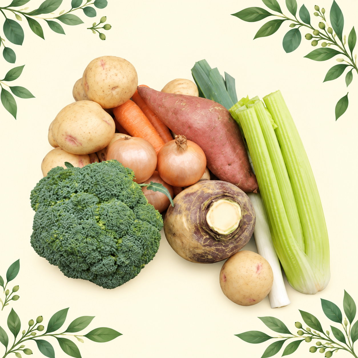Vegetable selection with potatoes, carrots, onions, broccoli, sweet potato, swede, leek and celery on a cream leafy background.