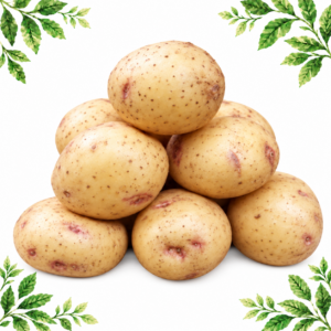 A pile of pale-skinned potatoes with pink patches on a white background with green leafy corners.