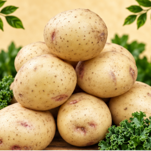 Fresh potatoes displayed on a rustic wooden surface