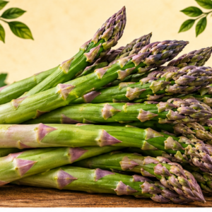 Fresh green asparagus spears on a rustic wooden display