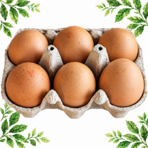 Six brown eggs in an open cardboard carton on a white background with green leafy corners.