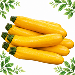 Yellow courgettes with green stems on a white background framed by green leafy corners.