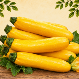 Fresh yellow courgettes on a rustic wooden displa