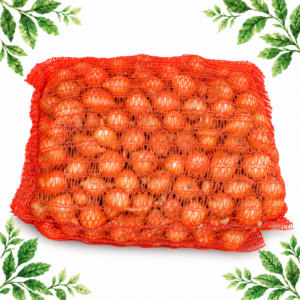A red mesh sack filled with small golden-brown pickling onions on a white background with green leafy corners.