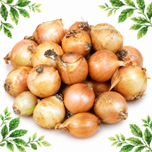 A pile of loose golden-brown pickling onions on a white background with green leafy corners.